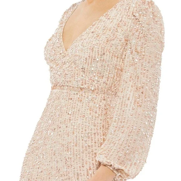 Mac Duggal 10764 NWT SEQUINED ILLUSION PUFF SLEEVE V NECK MIDI DRESS - Picture 3 of 6